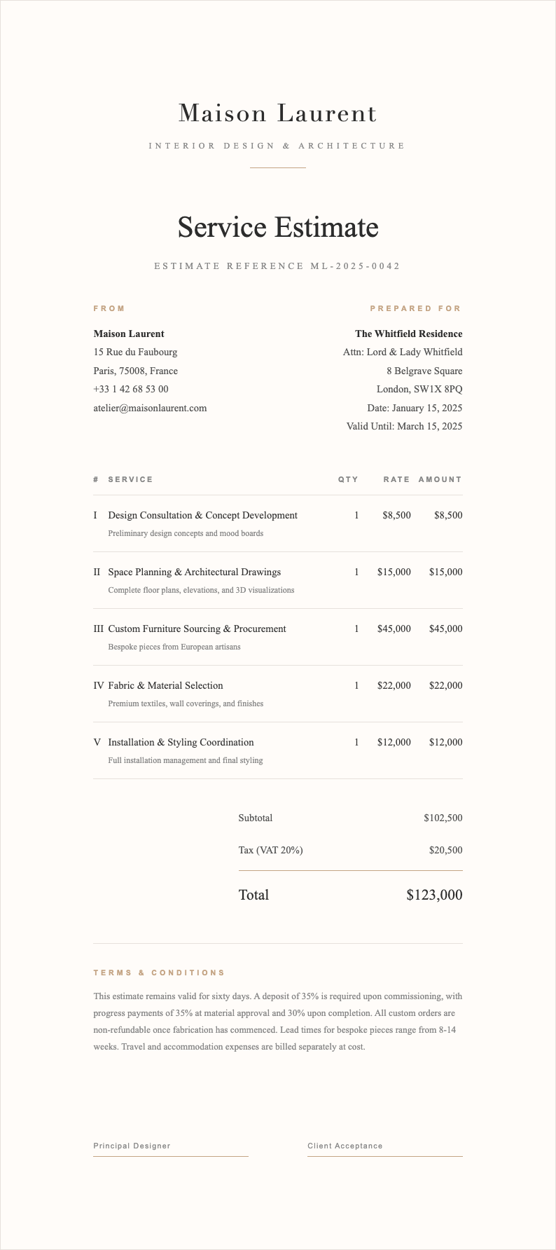 Elegant sophisticated service estimate